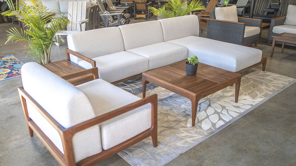 Luxury Wood Deep Seating Sectional, Chair, Coffee Table in Brazilian Walnut. Wood Furniture Store Champaign IL