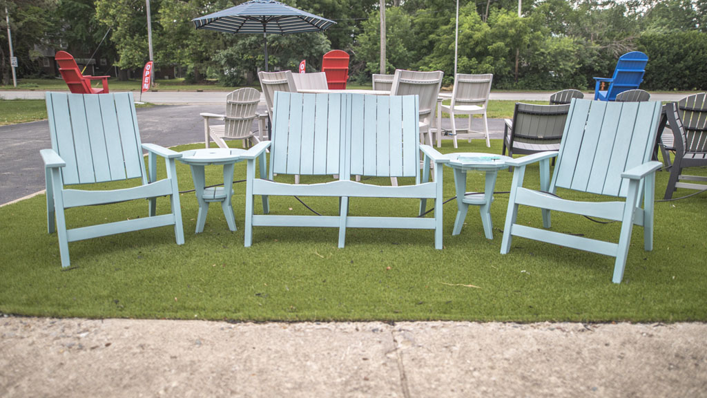 4 person large heavy poly seating with side tables on sale now. champaign il store