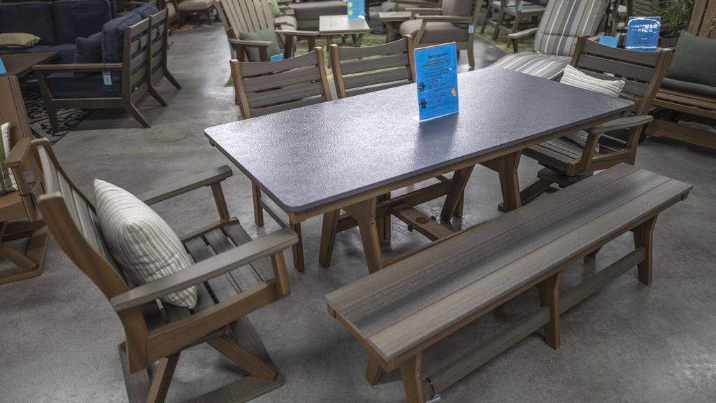 Six person modern poly dining set in mgp hammered top bench swivels in wood texture. champaign il store