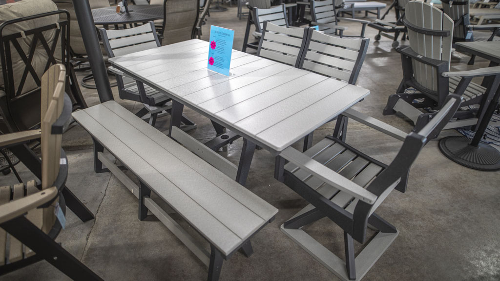 6 person modern poly rectangle dining set with swivels and bench. champaign il store