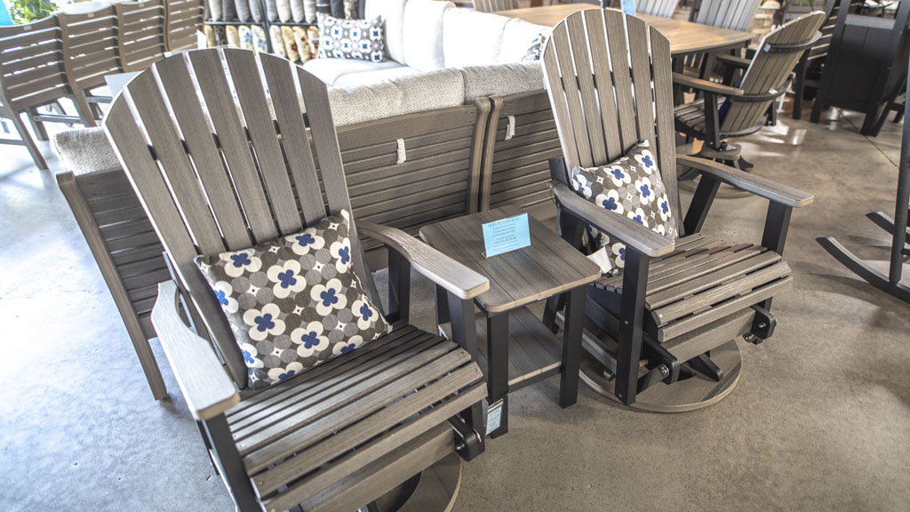 Poly swivel glider set in wood texture and side table. champaign il store