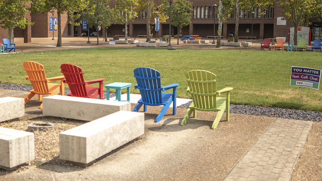 Color coordinated adirondack seating. Saint Louis Community College MO commercial furniture customer.