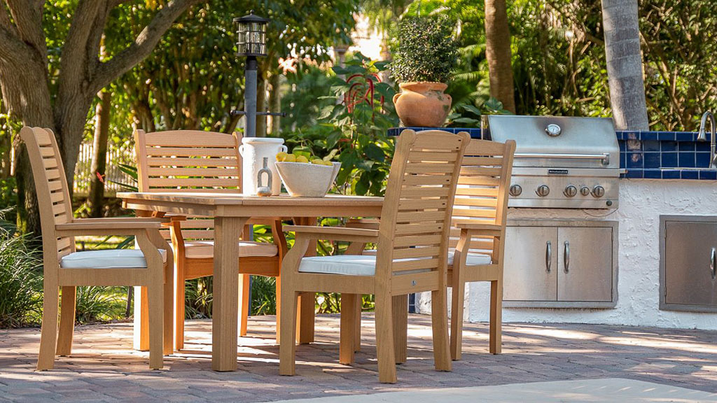 Commercial quality poly dining set in wood finish.