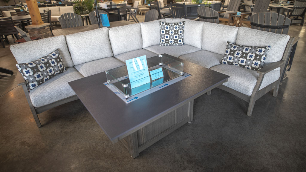 Deep seat poly sectional fire table with hammered top and wood finish. champaign-il-store