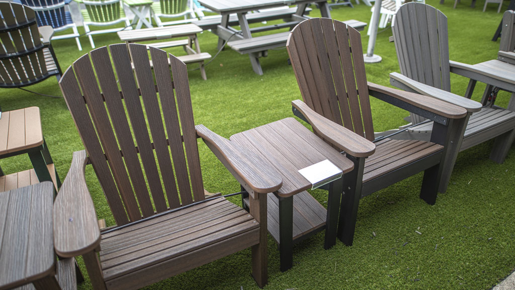 poly chairs in wood texture with side table. champaign il store