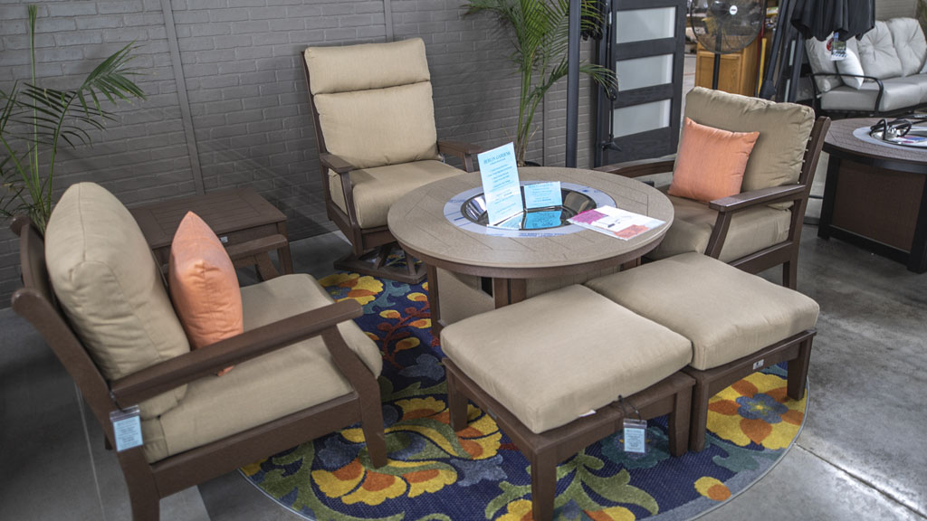 poly deep seating with fire feature and high back chairs and ottomans. champaign il store