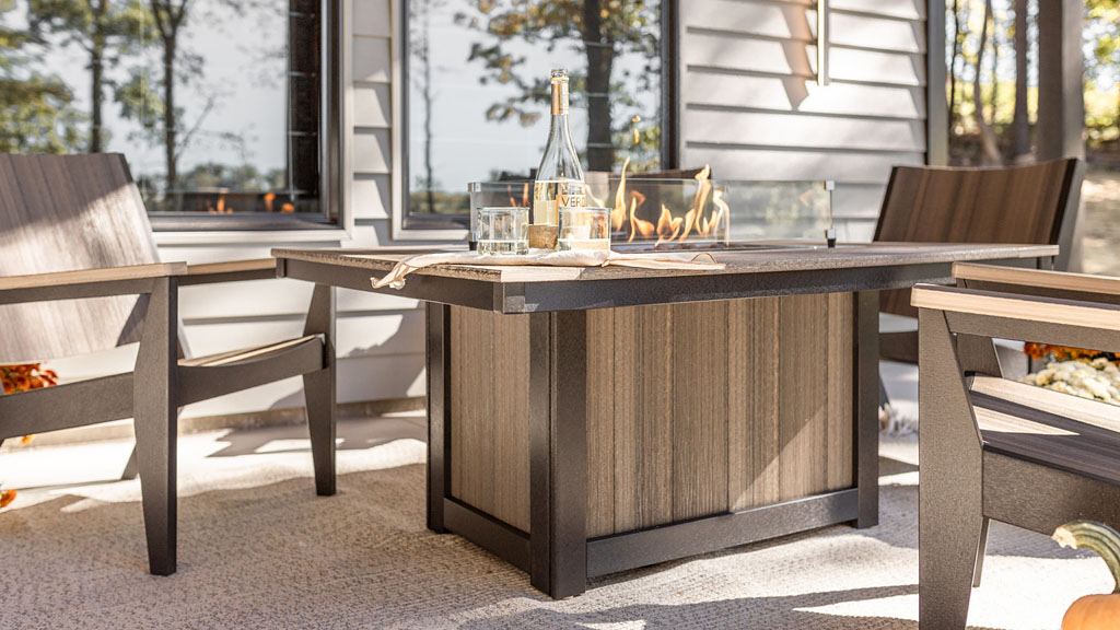 Rustic poly fire table in wood finish.